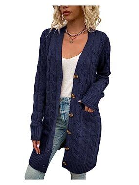 Womens Cable Knit Cardigan Long Sleeve Button Front Loose Sweater with Pockets